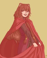 1girl :d animal_ear_fluff animal_ears artist_name blush brown_hair brown_pants brown_shirt cape cape_hold check_costume commentary dress english_commentary hair_between_eyes highres long_hair long_sleeves looking_at_viewer metal_hair_tubes open_mouth pants raccoon_ears raccoon_girl raccoon_tail raphtalia red_cape red_dress red_eyes shirt signature simple_background smile solo sosasteri tail tate_no_yuusha_no_nariagari teeth turtleneck turtleneck_shirt upper_teeth_only yellow_background