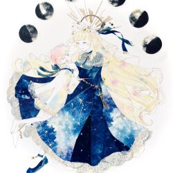 1boy 1girl anklet barefoot blonde_hair blue_dress blue_ribbon blue_shoes blunt_bangs capelet character_request commentary_request constellation_print copyright_request crescent_moon dress flower_wreath frilled_dress frills full_body hair_ribbon hand_on_another&#039;s_face hand_on_another&#039;s_head highres jewelry lace_veil long_hair long_sleeves looking_at_another masking_tape_(medium) mixed_media moon oikoko_koko ribbon ringlets shoes star_(symbol) traditional_media unconventional_media veil very_long_hair white_dress white_veil