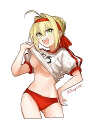 1girl ahoge blonde_hair braid braided_bun breasts buruma clothes_lift cropped_legs fate/grand_order fate_(series) green_eyes hair_bun hair_intakes hairband highres large_breasts navel nero_claudius_(fate) nero_claudius_(olympian_bloomers)_(fate) nipple_slip nipples official_alternate_costume red_buruma red_hairband shirt shirt_lift short_hair simple_background solo stomach sweat thighs twitter_username very_sweaty white_background white_shirt zhang5180