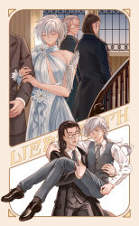 1girl 3boys :d :o ^_^ absurdres arm_hug armlet ascot black_coat black_hair black_jacket black_pants black_shoes black_socks black_suit blue_ascot blue_eyes blue_necktie border brown_border brown_suit bun_with_braided_base cardcaptor_sakura carrying chinese_commentary cleavage_cutout closed_eyes closed_mouth clothing_cutout clow_reed coat collarbone collared_shirt commentary cowboy_shot cross-laced_shoes crossdressing diagonal-striped_clothes diagonal-striped_necktie dress dress_flower dress_shoes earrings english_commentary english_text epiphyllum eyewear_strap facing_away flower formal_clothes frown full_body glasses grey_hair grey_pants grey_vest grover.y hair_between_eyes hair_bun hair_flower hair_ornament hair_over_shoulder hair_pulled_back half-closed_eyes halterneck highres indoors jacket jewelry lapels long_hair long_sleeves looking_at_another looking_to_the_side low_ponytail male_focus mixed-language_commentary multiple_boys multiple_views muntins necktie notched_lapels old old_woman opaque_glasses open_clothes open_coat open_mouth out_of_frame outside_border pants partially_opaque_glasses pince-nez ponytail princess_carry shirt shoes single_hair_bun single_sleeve smile socks stairs standing striped_clothes suit trap vest waistcoat white_background white_dress white_flower white_hair white_shirt window yaoi yue_(cardcaptor_sakura)