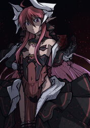 1girl absurdres ahoge aoi_tabane bare_shoulders black_gloves black_skirt breasts corruption cosplay covered_navel dragon_horns dress gloves hair_between_eyes hand_on_own_hip highres horns kouyoku_senki_exs-tia long_hair looking_at_viewer luxuria_(kouyoku_senki_exs-tia) parted_lips pelvic_curtain pink_hair pointy_ears pubic_tattoo purple_eyes red_hair revealing_clothes see-through_clothes shaded_face shakugan_no_shana shana skirt slit_pupils small_breasts solo tattoo thighhighs very_long_hair white_horns