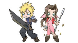 1boy 1girl aerith_gainsborough armor bangle black_pants blonde_hair blue_eyes blue_shirt boots bracelet braid braided_ponytail brown_boots brown_gloves buster_sword center_opening chibi chibi_only choker clenched_teeth closed_mouth cloud_strife cropped_jacket dress falling_petals fighting_stance final_fantasy final_fantasy_vii furrowed_brow gloves green_eyes hair_between_eyes hair_ribbon highres holding holding_staff holding_sword holding_weapon jacket jewelry light_smile long_dress long_hair newb_ff7r pants parted_bangs parted_lips pauldrons petals pink_dress pink_ribbon red_jacket ribbon ribbon_choker shirt short_hair shoulder_armor sidelocks single_braid single_pauldron spiked_hair staff suspenders sword teeth weapon white_background yellow_petals