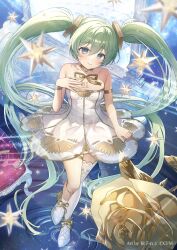 1girl artist_name asymmetrical_legwear bare_shoulders blush boots breasts closed_mouth collarbone dress flower gold_armlet green_eyes green_hair gyozanuko hair_between_eyes hair_ornament hatsune_miku highres long_hair looking_at_viewer medium_breasts official_alternate_costume rose see-through_clothes see-through_dress smile solo strapless strapless_dress thighhighs twintails very_long_hair vocaloid white_boots white_thighhighs yellow_flower yellow_rose