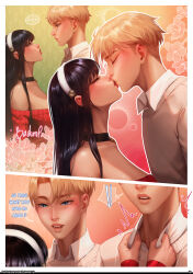 Rule 34 | !, ..., 1boy, 1girl, black choker, blonde hair, blue eyes, breasts, choker, english text, grey sweater, hairband, hetero, highres, kiss, large breasts, long hair, luminyu, patreon username, red eyes, red lips, red sweater, shirt, short hair, speech bubble, spoken exclamation mark, spy x family, sweater, twilight (spy x family), white hairband, white shirt, yor briar
