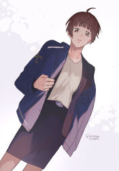 Rule 34 | 1girl, ahoge, artist name, black jacket, blue jacket, blue sky, brown eyes, brown hair, closed mouth, clothes writing, commentary, ememo103, expressionless, highres, jacket, looking at viewer, psycho-pass, shirt, short hair, sky, smoke, solo, tsunemori akane, twitter username, white shirt