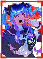 1girl amemiya_darumi black_bow black_hair black_skirt blood bloody_tears blue_hair border bow crocrubies ear_piercing face_piercing highres last_defense_academy_school_uniform lip_piercing long_sleeves multicolored_hair open_mouth peace_symbol piercing pink_eyes red_border skirt solo the_hundred_line_-last_defense_academy twintails