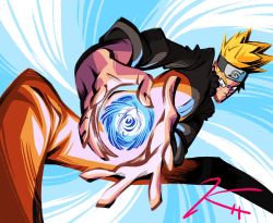 Rule 34 | 1boy, blonde hair, blue eyes, clenched hand, commentary, headband, highres, konohagakure symbol, krozhatch, male focus, naruto (series), naruto shippuuden, orange legwear, rasengan, track suit, uzumaki naruto, v-shaped eyebrows, whiskers