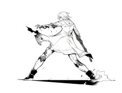 1girl android battle battle_damage blau_(mechanical_buddy_universe) coat damaged gun hair_between_eyes highres holding holding_gun holding_weapon humanoid_robot joints kato_takuji long_sleeves mecha mechanical_arms mechanical_buddy_universe mechanical_legs monochrome overcoat robot robot_joints science_fiction short_hair torn_clothes weapon
