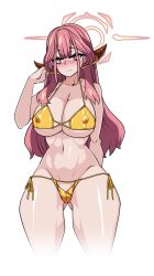 1girl arm_behind_back aru_(blue_archive) bare_arms bare_hips bare_shoulders bikini blue_archive blunt_bangs blush breasts brown_horns cameltoe cleavage closed_mouth collarbone commentary covered_erect_nipples cropped_legs curvy demon_horns fanged_bangs gluteal_fold gold_bikini gradient_halo groin hair_over_shoulder halo hand_up highres horns korean_commentary large_breasts lazy_ant long_hair looking_at_viewer low_horns lowleg lowleg_bikini multicolored_halo navel pink_eyes pink_hair pink_halo shiny_skin side-tie_bikini_bottom sidelocks simple_background solo standing stomach swimsuit two-tone_halo underboob white_background wide_hips yellow_halo