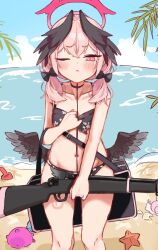 1girl :&lt; bare_legs beach bikini black_bag black_bikini black_bow black_wings blue_archive blush bow breasts closed_mouth collarbone crossed_bangs day dot_nose feathered_wings feet_out_of_frame floral_print floral_print_bikini front-tie_bikini_top front-tie_top gun hair_between_eyes hair_bow half-closed_eyes halo hand_up head_wings highres holding holding_gun holding_weapon koharu_(blue_archive) koharu_(swimsuit)_(blue_archive) loli long_hair looking_at_viewer low_twintails low_wings masute navel ocean official_alternate_costume one_eye_closed outdoors pink_eyes pink_hair pink_halo print_bikini rifle sand sky small_breasts snail solo spaghetti_strap starfish swimsuit thighs twintails weapon winged_halo wings
