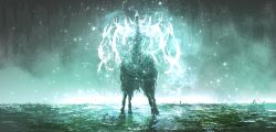 absurdres animal antlers asaki_(asaki_vision) cave elden_ring fog glowing glowing_horns highres horns light_particles monster plant reflection reflective_water regal_ancestor_spirit_(elden_ring) stalactite standing wide_shot