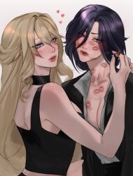 2girls absurdres after_kiss black_jacket black_tank_top blonde_hair blue_eyes breasts cleavage clorinde_(genshin_impact) commentary cosmetics genshin_impact grey_shirt heart highres holding holding_lipstick_tube jacket large_breasts lart_art1 lipstick_mark lipstick_mark_on_breast lipstick_mark_on_face lipstick_mark_on_neck lipstick_tube long_hair multiple_girls navia_(genshin_impact) parted_lips pink_background purple_eyes purple_hair shirt smile sweat tank_top yuri