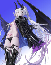 1girl absurdres black_horns black_jacket black_panties black_thighhighs black_wings blue_sky breasts commentary fate/grand_order fate_(series) highres horns jacket lilith_(fate) lilith_(second_ascension)_(fate) long_hair medium_breasts navel no_bra panties pubic_tattoo sky snacks00 solo stomach tattoo thighhighs thighs twintails underwear very_long_hair white_hair wings