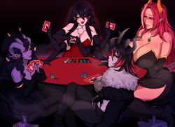 4girls absurdres black_gloves black_hair black_sclera blanca_(succuboos) breasts card cleavage collar colored_sclera colored_skin colored_tips crossed_legs curled_horns detached_collar dress elbow_gloves extra_arms extra_eyes gloves grey_pants highres holding holding_card horns huge_breasts jewelry long_hair multicolored_hair multiple_girls necklace orange_horns original pants pointy_ears poker_chip purple_horns purple_skin red_dress red_eyes red_hair red_lips sitting smoking strapless strapless_dress succuboos white_collar