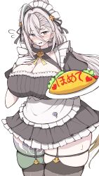 Rule 34 | 1girl, absurdres, alternate costume, apron, azuki (ne 4zk), black dress, black thighhighs, blush, breasts, cleavage, dress, enmaided, fate/grand order, fate (series), food, green hair, grey eyes, hair between eyes, highres, huyan zhuo (fate), huyan zhuo (fgo fes. 2025) (fate), large breasts, long hair, looking at viewer, maid, maid headdress, multicolored hair, official alternate costume, omelet, open mouth, plate, puffy short sleeves, puffy sleeves, short sleeves, skindentation, solo, streaked hair, thick thighs, thighhighs, thighs, very long hair, waist apron, white apron, white hair, wrist cuffs