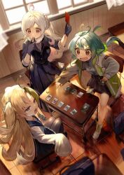 +_+ 3girls :d absurdres ahoge antenna_hair black_gloves black_skirt blonde_hair boots braid breasts brown_eyes buttons card card_game commentary_request desk double-parted_bangs fang from_above ganoko_(ynd_gaming) girami_(ynd_gaming) gloves gradient_hair heart heart_ahoge heart_antenna_hair highres holding holding_card indoors jacket light_blush long_hair long_skirt long_sleeves medium_breasts miniskirt multicolored_hair multiple_girls open_clothes open_jacket open_mouth palc_(ynd_gaming) parted_bangs pleated_skirt purple_eyes shirt sitting skin_fang skirt skirt_set sleeves_past_fingers sleeves_past_wrists small_breasts smile sparkling_eyes white_footwear white_jacket white_shirt window yakiniku_daisuki_gaming yuki_(popopo)