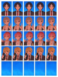 4girls ;d absurdres blazer calling collarbone commentary fake_screenshot fingerless_gloves gloves grin hair_between_eyes hayami_kanade highres id_photo idolmaster idolmaster_cinderella_girls jacket jewelry jougasaki_mika looking_at_viewer looking_at_watch miyamoto_frederica multiple_girls nail_polish necktie one_eye_closed open_collar open_mouth parted_bangs photo_(object) ponytail portrait portrait_(object) red_necktie ring school_uniform shiomi_syuko short_hair smile v watch wristwatch yumi_xsh