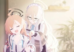 2girls ahoge akane_(blue_archive) apron black_jacket blonde_hair blue_archive blue_necktie braiding_hair closed_eyes closed_mouth earrings fang floral_print game_cg glasses hair_behind_ear hair_between_eyes hairdressing highres huge_ahoge jacket jewelry long_bangs long_hair maid maid_apron maid_headdress mole mole_under_eye multiple_girls necktie neru_(blue_archive) non-web_source official_art plaid_clothes plaid_shawl red_hair shawl shirt sidelocks skin_fang smile stud_earrings sukajan upper_body white_apron white_shirt white_sleeves yellow_eyes
