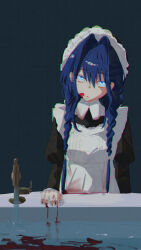 Rule 34 | 1girl, absurdres, apron, bathtub, black dress, blood, blood on clothes, blood on face, blue eyes, blue hair, braid, closed mouth, dress, faucet, hair intakes, highres, hololive, hololive english, long hair, low twin braids, maid apron, official alternate costume, official alternate hairstyle, ouro kronii, ouro kronii (maid), pululupaint, solo, twin braids, virtual youtuber, water, white apron