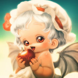 Rule 34 | 1girl, apple, bad id, bad pixiv id, bat wings, female focus, food, fruit, hat, open mouth, red eyes, remilia scarlet, short hair, silver hair, solo, souri, touhou, wings