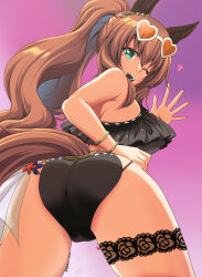 1girl absurdres animal_ears ass ass_focus bare_arms bare_shoulders bikini black_bikini blue_eyes blush bracelet breasts brown_hair closed_mouth eyewear_on_head from_behind gradient_background green_eyes heart heart-shaped_eyewear highres horse_ears horse_girl horse_tail jewelry kamishima_kanon large_breasts long_hair looking_at_viewer looking_back maruzensky_(blasting_off_summer_night)_(umamusume) maruzensky_(umamusume) official_alternate_costume one_eye_closed open_mouth orange-tinted_eyewear ponytail smile solo spread_legs sunglasses sweat swimsuit tail teeth thigh_strap tinted_eyewear umamusume upper_teeth_only very_long_hair waving wavy_hair white-framed_eyewear