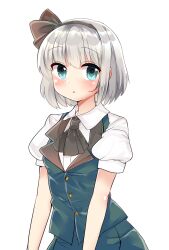 Rule 34 | 1girl, ascot, black ascot, black hairband, black ribbon, blush, collared shirt, commentary request, green eyes, green skirt, green vest, grey hair, hair ribbon, hairband, highres, konpaku youmu, looking at viewer, ochazuke, parted lips, puffy short sleeves, puffy sleeves, ribbon, shirt, short hair, short sleeves, simple background, skirt, solo, touhou, upper body, vest, white background, white shirt