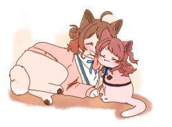 ahoge animal animal_focus animalization brown_hair cardigan cat closed_eyes closed_mouth clothed_animal dog full_body gakuen_idolmaster hair_bun hanami_saki hanami_ume hutaba idolmaster licking medium_hair no_humans pink_cardigan short_hair siblings single_side_bun sisters tongue tongue_out white_background