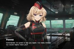 Rule 34 | 1girl, absurdres, adapted costume, belt pouch, blonde hair, blue eyes, breasts, caiman pool, closed mouth, commentary, english commentary, english text, f2000 (girls&#039; frontline), game screenshot background, garrison cap, girls&#039; frontline, girls&#039; frontline 2: exilium, hand on own hip, hat, highres, light smile, looking at viewer, pouch, screenshot background, solo, tactical clothes, upper body