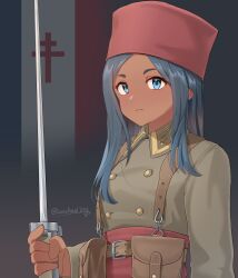 Rule 34 | 1girl, absurdres, ammunition pouch, anchor symbol, artist name, bayonet, belt, blue eyes, blue hair, bolt action, brown belt, buttons, closed mouth, collar tabs, commentary, dark-skinned female, dark skin, double-breasted, flag background, free french flag, french army, gun, hat, highres, holding, holding gun, holding weapon, leochan1202, long hair, long sleeves, looking at viewer, mas-36, military, military uniform, original, pouch, red hat, red sash, rifle, sash, sidelocks, upper body, weapon, world war ii