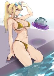 1girl abs arm_support arm_up artist_name bikini blonde_hair breasts cleavage food gold_bikini highres large_breasts legs long_hair looking_at_viewer metroid metroid_(creature) mouth_hold navel nintendo pink_lips ponytail pool popsicle samus_aran seductive_gaze solo sunglasses_on_head thighs water wet