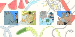 Rule 34 | 1boy, 1girl, animal hands, arm tattoo, bead necklace, beads, black hair, black shorts, box, breasts, bucket, cleavage, closed eyes, cloud, earrings, eating, electric fan, fangs, fluffy, food, freckles, fruit, furrowed brow, highres, holding, holding food, holding fruit, holding watermelon, hoop earrings, horns, hose, jewelry, kneeling, long hair, necklace, nyan 2020, one piece, open mouth, orange pupils, portgas d. ace, puffy cheeks, red horns, sharp teeth, short hair, shorts, sidelocks, sitting, sky, spitting, sweatdrop, tank top, tattoo, teeth, unplugged, water, watermelon, watermelon seeds, watermelon slice, white hair, wolf, yamato (one piece)