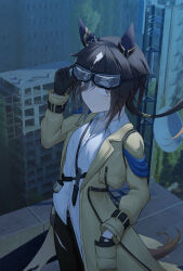 1girl absurdres adjusting_goggles animal_ears armband black-framed_eyewear blue_armband brown_eyes brown_hair cai_ji_(user_jmrv4342) cityscape coat commentary cowboy_shot ear_covers hair_tubes hand_in_pocket highres horse_ears horse_girl horse_tail knife knife_sheath looking_at_viewer low_ponytail multicolored_hair night open_clothes open_coat ponytail rooftop shadow sheath sideways_glance solo standing stay_gold_(umamusume) symbol-only_commentary tail torn_clothes torn_coat two-tone_hair umamusume variant_set white_hair wrist_belt yellow_coat