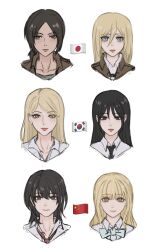 6+girls a_ai_ri black_eyes black_hair blonde_hair blue_eyes collared_shirt commentary cropped_shoulders highres jacket japanese_flag ju_sungji krista_lenz long_hair multiple_girls paradis_military_uniform people&#039;s_republic_of_china_flag ponytail qiu_tong shingeki_no_kyojin shirt south_korean_flag sq_(series) sun_jing sung_sumin symbol-only_commentary what_does_the_fox_say_(webtoon) white_shirt yellow_eyes ymir_(shingeki_no_kyojin)