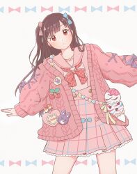 1girl bow brown_eyes brown_hair cardigan cowboy_shot earrings frilled_skirt frills hair_bow heart heart_earrings highres idolmaster idolmaster_poplinks idolmaster_shiny_colors jewelry komoro7857 long_hair looking_at_viewer nail_polish open_cardigan open_clothes parted_bangs pink_cardigan pink_nails pink_sailor_collar pink_shirt pink_skirt polka_dot polka_dot_bow red_bow sailor_collar shirt skirt solo sonoda_chiyoko two_side_up