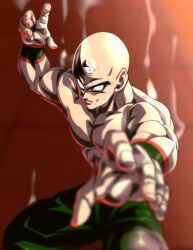 Rule 34 | 1boy, bald, brown background, cowboy shot, dragon ball, dragon ball (classic), fighting stance, green pants, male focus, muscular, muscular male, pants, pocagraffiti, simple background, solo, steam, tenshinhan, third eye, topless male