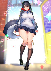 1girl absurdres ascot black_boots black_hair black_socks blue_ascot blush boots breasts clenched_hands closed_mouth ellen_joe fins fish_tail hair_ornament highres jacket large_breasts long_sleeves looking_at_viewer miniskirt mole mole_under_eye nicchi open_clothes open_jacket red_eyes red_hair school_uniform shark_girl shark_tail short_hair skirt socks solo tail thighs zenless_zone_zero