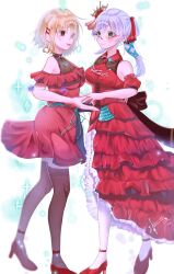 2girls back_bow black_pantyhose blonde_hair blush bow breasts dress glasses green_eyes grey_hair hair_ornament hair_over_one_eye hair_over_shoulder hairclip heaven_burns_red highres holding_hands izumi_yuki_(heaven_burns_red) kayamori_ruka long_hair low-tied_long_hair match_neco multiple_girls official_alternate_costume pantyhose red_dress red_eyes round_eyewear see-through_clothes short_hair yuri