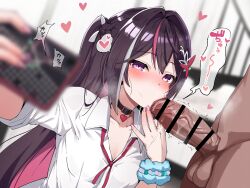 1boy 1girl alternate_costume ayagi_daifuku azki_(hololive) bar_censor black_collar black_hair blouse blurry blurry_background blurry_foreground blush braid censored clothed_female_nude_male collar collared_shirt colored_inner_hair commentary_request depth_of_field double-parted_bangs erection fellatio hair_intakes hair_ornament hairclip half_up_braid heart heart_pendant highres holding holding_phone hololive indoors large_penis long_hair long_sleeves mole mole_under_eye motion_lines multicolored_hair nail_polish nude oral pendant_collar penis phone pink_hair pink_nails ponytail purple_eyes saliva saliva_trail school_uniform scrunchie selfie shirt sleeves_rolled_up solo_focus speech_bubble spoken_heart streaked_hair testicles translation_request veins veiny_penis very_long_hair virtual_youtuber white_hair white_shirt wrist_scrunchie