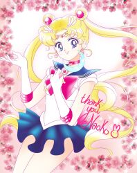 1girl back_bow bad_id bad_twitter_id bishoujo_senshi_sailor_moon blonde_hair blue_eyes blue_sailor_collar blue_skirt bow bowtie brooch choker circlet closed_mouth commentary cowboy_shot crescent crescent_choker crescent_earrings crescent_wand double_bun earrings english_commentary eyelashes floating_hair floral_border flower gloves hair_bun hair_ornament hand_up happy highres holding holding_wand honeymoonpetal jewelry leotard light_blush light_particles lipstick long_hair looking_at_viewer magical_girl makeup miniskirt official_style outside_border parted_bangs pink_background pink_flower pink_lips pleated_skirt red_bow red_bowtie red_choker sailor_collar sailor_moon sailor_senshi_uniform short_sleeves skirt sleeved_leotard smile solo star_(symbol) star_earrings tareme thank_you thighs tsukino_usagi twintails two-tone_background very_long_hair wand wavy_hair white_background white_gloves white_leotard