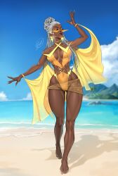 1girl absurdres beach bikini breasts cleavage curvy dark-skinned_female dark_skin day full_body gold_bikini highleg highleg_one-piece_swimsuit highres large_breasts long_hair marvel one-piece_swimsuit shiny_skin solo soulderik storm_(x-men) swimsuit thick_thighs thighs thong_one-piece_swimsuit white_hair wide_hips x-men