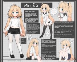 1girl alternate_language blonde_hair comodox english_text highres long_hair low_twintails miu_(comodox) multiple_views original pantyhose reference_sheet shorts thighhighs twintails