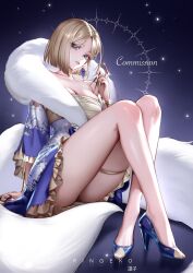 1girl artist_name blonde_hair blue_eyes breasts claw_(weapon) commentary commission dress earrings hand_up high_heels highres jewelry knees_up looking_at_viewer original ringeko-chan short_hair sitting solo symbol-only_commentary thigh_strap thighs weapon