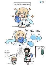 Rule 34 | &gt; &lt;, 2girls, absurdres, aged down, arm guards, black hair, blonde hair, blush, braid, brown eyes, clothes hanger, commentary, crying, detached sleeves, english text, feather hair ornament, feathers, firing, flower, genshin impact, hair between eyes, hair flower, hair ornament, handcannon, highres, holding, holding water gun, katheryne (genshin impact), long hair, long sleeves, looking at another, lumine (genshin impact), maid headdress, mega man (series), multiple girls, sesield, short hair, short hair with long locks, sidelocks, simple background, single braid, sketch, sparkle, sparkling eyes, sweatdrop, symbol-shaped pupils, water gun, xo