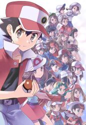 6+boys 6+girls belt belt_buckle black_hair black_shirt brendan_(pokemon) buckle calem_(pokemon) closed_mouth collarbone commentary_request dawn_(pokemon) elio_(pokemon) ethan_(pokemon) everyone florian_(pokemon) gloria_(pokemon) hat hilbert_(pokemon) hilda_(pokemon) holding holding_poke_ball jacket juliana_(pokemon) kris_(pokemon) leaf_(pokemon) looking_at_viewer lucas_(pokemon) lyra_(pokemon) may_(pokemon) morisawa_machi multiple_boys multiple_girls nate_(pokemon) nintendo pants poke_ball poke_ball_(basic) pokemon pokemon_bw pokemon_bw2 pokemon_dppt pokemon_frlg pokemon_gsc pokemon_hgss pokemon_rgby pokemon_rse pokemon_sm pokemon_sv pokemon_swsh pokemon_xy red_(pokemon) red_hat red_jacket rosa_(pokemon) selene_(pokemon) serena_(pokemon) shirt short_hair victor_(pokemon)