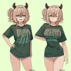 Rule 34 | animal ears, breasts, brown hair, clothes writing, cowboy shot, english text, green background, green eyes, green shirt, highres, kissy face, large breasts, looking at viewer, loose clothes, multiple views, nimi nightmare, open mouth, pajamas challenge (meme), roober, shirt, short hair, side ponytail, smile, thighs, tight clothes, twitter username, virtual youtuber