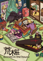 Rule 34 | 6+boys, alarm clock, american flag, battle tendency, bible (object), black wings, blonde hair, blue eyes, brown eyes, calendar (object), chips (food), clock, clone, coffin, computer, cosplay, cross, curtains, diavolo, diego brando, dio brando, dirty deeds done dirt cheap, dirty deeds done dirt cheap (cosplay), disembodied hand, enrico pucci, envelope, feathered wings, feathers, food, formal clothes, funny valentine, higashikata josuke (jojolion), hirose yasuho, horse, indoors, jojo no kimyou na bouken, kars (jojo), killer queen, kira yoshikage, kotatsu, laptop, manga (object), minifridge, multiple boys, newspaper, phone, pink eyes, pink hair, pink suit, potato chips, power strip, preening, purple hair, purple suit, purple sweater, red eyes, refrigerator, rice cooker, stardust crusaders, steel ball run, stone mask (jojo), stone ocean, suit, sweater, table, tissue box, title, trash can, trough, under kotatsu, under table, vento aureo, vinegar doppio, white hair, white suit, window, wings, yomf9843