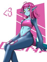 1girl absurdres blue_skin blush colored_skin duna_(fossil_fighters) fossil_fighters green_eyes highres looking_at_viewer medium_hair nae_shiki navel pink_hair pointy_ears sitting solo
