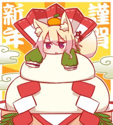 1girl :o animal_ear_fluff animal_ears blonde_hair blush commentary_request female_focus food food_on_head fox_ears fox_girl fox_tail fruit green_shirt hair_between_eyes in_food kagami_mochi kemomimi-chan_(naga_u) long_sleeves looking_at_viewer lying mandarin_orange naga_u object_on_head on_head on_stomach original parted_lips red_eyes shirt sidelocks sleeves_past_fingers sleeves_past_wrists solo sunburst tail translation_request v-shaped_eyebrows