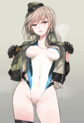 Rule 34 | 1girl, black gloves, breasts, brown eyes, brown hair, competition swimsuit, covered navel, garrison cap, girls und panzer, gloves, green jacket, half gloves, hat, highleg, highleg one-piece swimsuit, jacket, light blush, long hair, mature female, medium breasts, multicolored swimsuit, one-piece swimsuit, open clothes, open jacket, open mouth, shimada chiyo, shimada fumikane, smile, solo, swimsuit, swimsuit under clothes, thigh strap, visible air, white one-piece swimsuit