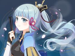 1girl aqua_eyes aqua_hair ayaka_(genshin_impact) black_gloves blue_background fingerless_gloves folding_fan genshin_impact gloves hair_flowing_over hand_fan haonkpizfz44569 highres holding holding_fan long_hair ponytail solo